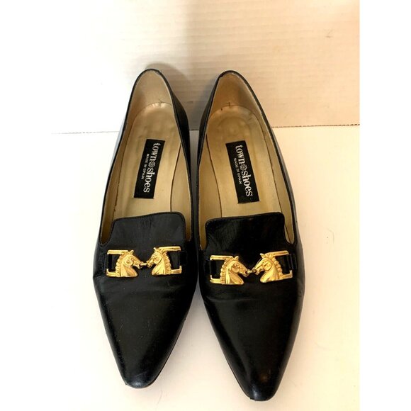 Black Slip On Leather Flats Loafer Shoes Horse Accents Spain Womens Sz 9 - Picture 2 of 10